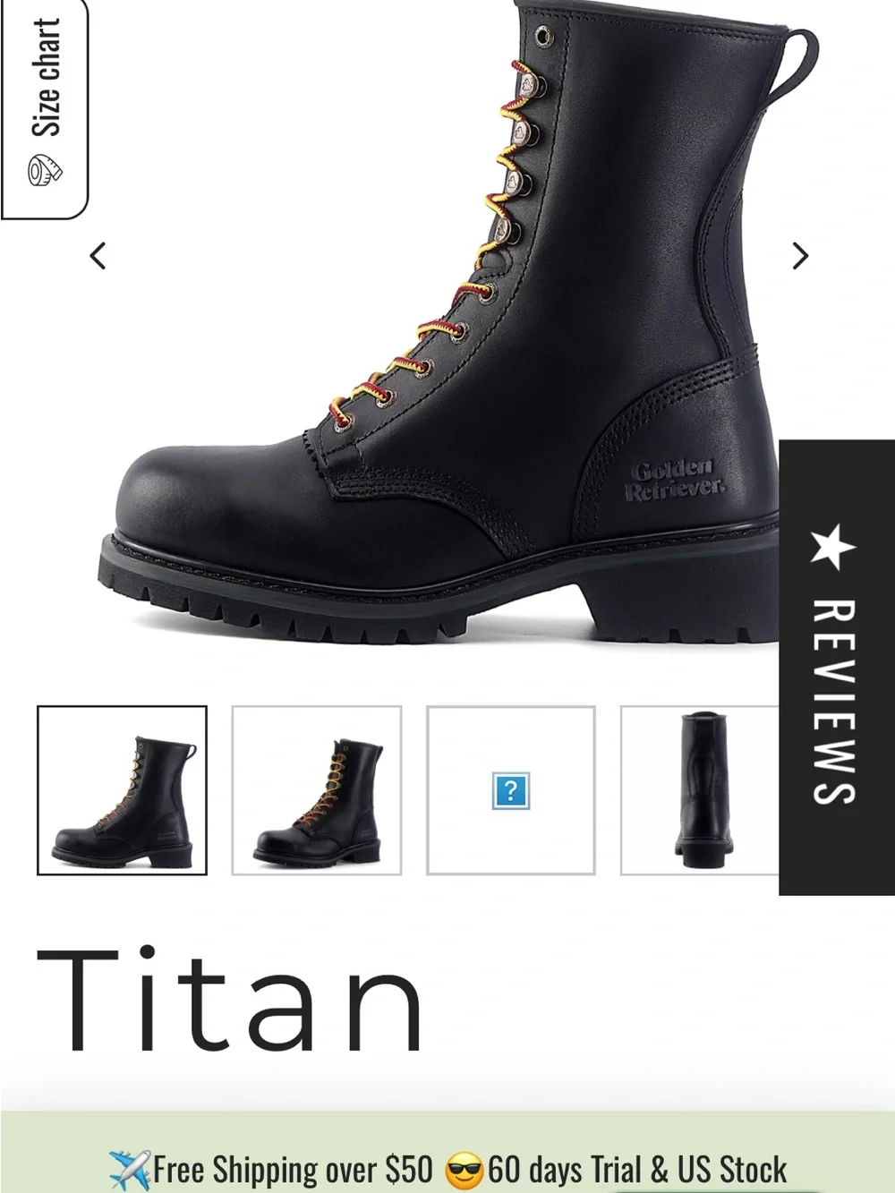 Golden retriever Titan Black Leather Lace-Up Boot Sz 8.5 Wide